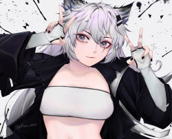 Rule 34 | 1girl, animal ears, arknights, artist name, bandeau, black jacket, collarbone, commentary, double v, female focus, fingerless gloves, gloves, grey eyes, hair between eyes, hair ornament, hairclip, hands up, highres, jacket, lappland (arknights), long hair, looking at viewer, midriff, open clothes, open jacket, phieo shiet, scar, scar across eye, scar on face, silver hair, solo, stomach, strapless, tube top, twitter username, upper body, v, white gloves, wolf ears