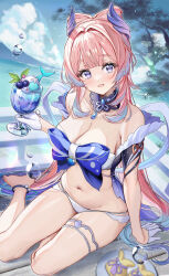 Rule 34 | 00nanona, 1girl, alternate costume, bare shoulders, bikini, blue bow, bow, bow-shaped hair, breasts, cleavage, cup, day, detached collar, drinking glass, fins, genshin impact, gloves, gradient hair, head fins, highres, holding, holding cup, hurricane glass, long hair, looking at viewer, medium breasts, multicolored hair, navel, off shoulder, open mouth, outdoors, parfait, pink hair, purple eyes, sangonomiya kokomi, sitting, smile, solo, stomach, strapless, strapless bikini, string bikini, swimsuit, thighs, very long hair, vision (genshin impact), white bikini, white gloves, yokozuwari