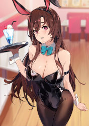 Rule 34 | 1girl, animal ears, aqua bow, arm behind back, arm strap, bare arms, bare shoulders, black leotard, black pantyhose, blurry, blurry background, bow, breasts, brown hair, cafe, chair, cherry, cleavage, cocktail glass, commentary, commission, covered navel, cowboy shot, cup, detached collar, drinking glass, drinking straw, fake animal ears, food, fruit, hair over shoulder, highleg, highleg leotard, highres, holding, holding tray, ibaraki shun, ice, indoors, large breasts, legs together, leotard, long bangs, long hair, looking at viewer, original, pantyhose, parted bangs, parted lips, pink eyes, playboy bunny, shiny clothes, skeb commission, solo, strapless, strapless leotard, table, tray, wrist cuffs