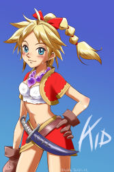 Rule 34 | 1girl, aqua eyes, blood, blue background, bow, braid, braided ponytail, breasts, brown gloves, character name, chrono cross, closed mouth, commentary, cowboy shot, cowlick, crop top, dagger, dated, gloves, gradient background, hand on own hip, highres, hosobozo (user jtzh8832), jewelry, kid (chrono cross), knife, legs apart, navel, necklace, parted bangs, pointy nose, red bow, sheath, short hair, simple background, small breasts, smile, solo, weapon