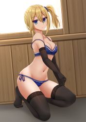 Rule 34 | 1girl, bare shoulders, black gloves, black thighhighs, blonde hair, blue bra, blue eyes, blue panties, blue scrunchie, blush, bra, breasts, cleavage, closed mouth, collarbone, commentary, elbow gloves, english commentary, floral print, gloves, groin, hair between eyes, hair ornament, hair scrunchie, hayasaka ai, head tilt, highres, indoors, kaguya-sama wa kokurasetai ~tensai-tachi no renai zunousen~, kazenokaze, lace, lace-trimmed bra, lace trim, looking at viewer, medium breasts, navel, no shoes, on one knee, panties, print bra, rose print, scrunchie, side-tie panties, side ponytail, sidelocks, skindentation, solo, thighhighs, underwear, underwear only, wooden wall