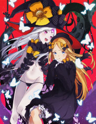 Rule 34 | 2girls, abigail williams (fate), abigail williams (third ascension) (fate), bare shoulders, black bow, black dress, black headwear, black panties, blonde hair, bloomers, blush, bow, bug, butterfly, colored skin, dress, dual persona, fate/grand order, fate (series), forehead, glowing, glowing eye, hair bow, hat, highres, insect, keyhole, long hair, looking at viewer, multiple girls, navel, noose, open mouth, orange bow, panties, parted bangs, pink eyes, polka dot, polka dot bow, red background, red eyes, ribbed dress, shimi to ufu, sleeves past fingers, sleeves past wrists, smile, tentacles, thighs, third eye, underwear, very long hair, white bloomers, white hair, white skin, witch hat