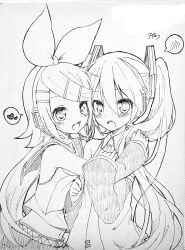 Rule 34 | 2girls, :o, bare shoulders, belt, belt buckle, blush, bow, buckle, collared shirt, crop top, detached sleeves, fang, flat chest, grabbing another&#039;s arm, hair between eyes, hair bow, hair ornament, hairclip, hand on another&#039;s shoulder, hatching (texture), hatsune miku, headphones, headset, heart, highres, hug, kagamine rin, linear hatching, long hair, looking at another, looking at viewer, midriff, monochrome, multiple girls, navel, necktie, open mouth, sailor collar, sailor shirt, shirt, short hair, shorts, signature, sketch, skinny, sleeveless, sleeveless shirt, smile, spoken blush, spoken heart, sudachi (calendar), swept bangs, traditional media, treble clef, twintails, very long hair, vocaloid, yuri