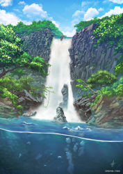 Rule 34 | absurdres, afba, artist name, day, fish, highres, no humans, outdoors, partially underwater shot, pixiv id, plant, scenery, signature, sky, tate no yuusha no nariagari, tree, underwater, water, waterfall
