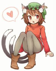 Rule 34 | 1girl, :o, animal ears, ankle boots, blush, boots, brown hair, cat ears, cat tail, chen, contemporary, earrings, fang, full body, heart, ibaraki natou, jewelry, leggings, looking at viewer, multiple tails, nekomata, open mouth, pantyhose, red eyes, short hair, simple background, single earring, sitting, solo, spoken heart, sweater, tail, touhou, turtleneck, two tails, white background