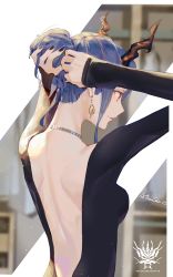 Rule 34 | 1girl, arknights, arms up, atianshi, backless dress, backless outfit, blue hair, breasts, ch&#039;en (arknights), commentary request, dress, earrings, from behind, hair bun, horns, jewelry, nail polish, necklace, profile, red eyes, single hair bun, skin tight, small breasts, solo, tying hair
