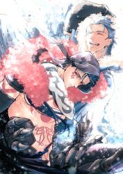 Rule 34 | 2boys, betushio, black gloves, blue hair, chest tattoo, closed eyes, closed mouth, cu chulainn (caster) (fate), cu chulainn (fate), cu chulainn (fate) (all), cu chulainn (fate/stay night), cu chulainn alter (fate), cu chulainn alter (fate/grand order), cu chulainn alter (third ascension) (fate), earrings, elbow gloves, eyeshadow, facepaint, fate/grand order, fate (series), gloves, hood, jewelry, lancer, long hair, looking at viewer, makeup, male focus, multiple boys, open mouth, red eyes, red eyeshadow, smile, spikes, tattoo