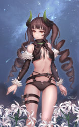 Rule 34 | 1girl, absurdres, ahoge, bare shoulders, belt, black panties, black shirt, breasts, brown hair, comet, crop top, curled horns, demon horns, detached sleeves, drill hair, expressionless, flower, fur trim, high collar, highres, horns, kie (wylee2212), lily (flower), lily bloomerchen, long hair, long sleeves, looking away, medium breasts, midriff, milky way, navel, night, night sky, no bra, open clothes, open shirt, orange eyes, outdoors, panties, revealing clothes, shirt, sky, solo, soulworker, standing, star (sky), stomach, thigh strap, thighs, twin drills, twintails, underwear, very long hair, white flower