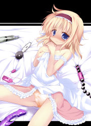 Rule 34 | 1girl, alice margatroid, anal beads, blonde hair, blue eyes, blush, breasts, cameltoe, clothes lift, collarbone, dildo, egg vibrator, enema, female focus, hairband, hitachi magic wand, izumi yukiru, letterboxed, looking at viewer, nipples, open clothes, open shirt, panties, rabbit vibrator, sex toy, shirt, short hair, sitting, skirt, skirt lift, small breasts, solo, tears, too many, too many sex toys, touhou, underwear, upskirt, vibrator, yellow panties