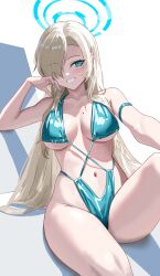 Rule 34 | 1girl, absurdres, alternate costume, asuna (blue archive), bare shoulders, bikini, blonde hair, blue archive, blue bikini, blue eyes, blue nails, blush, breasts, commentary request, eyes visible through hair, grin, hair over one eye, halo, highleg, highleg swimsuit, highres, large breasts, long hair, looking at viewer, mole, mole on breast, nail polish, navel, shortofsugar, simple background, sitting, smile, solo, stomach, swimsuit, thighs, very long hair, white background