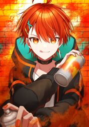 Rule 34 | 1boy, :3, absurdres, ahoge, brick wall, choker, earrings, hair ornament, hairclip, highres, holding, hood, hood down, hoodie, jewelry, long sleeves, looking at viewer, male focus, mismatched earrings, nail polish, orange eyes, original, short hair, smile, solo, spray can, spray paint, straight-on, teneko02, tongue, tongue out, upper body, v-shaped eyebrows