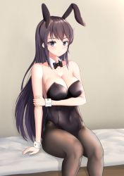 Rule 34 | 10s, 1girl, animal ears, arm grab, arm support, bare arms, bare shoulders, bed, black bow, black bowtie, black hair, black hairband, black leotard, black pantyhose, blue eyes, blush, bow, bowtie, breasts, brown pantyhose, cleavage, closed mouth, collarbone, covered navel, detached collar, expressionless, fake animal ears, feet out of frame, female focus, grey background, hair ornament, hairband, hairclip, highres, large breasts, leotard, long hair, looking at viewer, neck, on bed, pantyhose, playboy bunny, rabbit ears, rabbit girl, sakurajima mai, seishun buta yarou, simple background, sitting, solo, strapless, strapless leotard, toshise., wrist cuffs