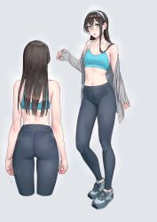 Rule 34 | 1girl, alternate costume, aqua eyes, ass, bare shoulders, black hair, blue sports bra, cardigan, commentary request, from behind, full body, glasses, grey background, grey cardigan, grey leggings, hairband, highres, kantai collection, leggings, long hair, long sleeves, looking at viewer, midriff, multiple views, navel, off shoulder, ooyodo (kancolle), open cardigan, open clothes, open mouth, semi-rimless eyewear, shoes, simple background, smile, sneakers, sports bra, standing, sweater, white hairband, yuuji (and)