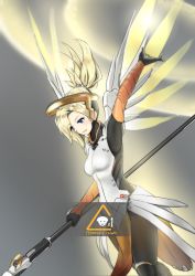 Rule 34 | 1girl, arm up, blonde hair, blue eyes, bodysuit, breasts, brown pantyhose, cowboy shot, gameplay mechanics, glowing, glowing wings, grey background, hair tie, halo, high ponytail, holding, holding staff, light rays, looking down, mechanical halo, mechanical wings, medium breasts, medium hair, mercy (overwatch), open mouth, overwatch, overwatch 1, pantyhose, pelvic curtain, ponytail, simple background, solo, spica (starlitworks), spread wings, staff, sunbeam, sunlight, swiss flag, user interface, white bodysuit, wings, yellow wings