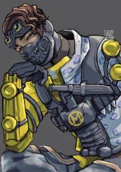 Rule 34 | 1boy, absurdres, animal print, animification, apex legends, black gloves, brown eyes, brown hair, dark-skinned male, dark skin, gloves, grey background, grey jacket, head tilt, highres, jacket, knife, leopard print, looking at viewer, male focus, mask, menrui (udonumaisaiko), mirage (apex legends), mouth mask, multicolored clothes, multicolored jacket, night crawler mirage, official alternate costume, solo, two-tone jacket, yellow jacket