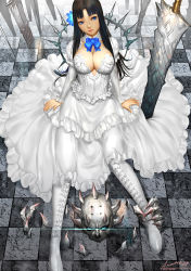 Rule 34 | 1girl, ariverkao, black hair, blue eyes, breasts, checkered floor, cleavage, dated, detached collar, dress, flower, hair flower, hair ornament, large breasts, long hair, monster, original, signature, sitting, skeleton, solo, sword, weapon, white dress