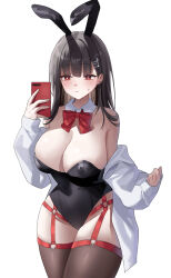 Rule 34 | 1girl, alternate costume, black hair, black leotard, black thighhighs, blue archive, blush, bow, bowtie, breasts, cellphone, cleavage, detached collar, highres, holding, holding phone, large breasts, leotard, no halo, phone, red bow, red bowtie, red eyes, rio (blue archive), shirt, simple background, solo, sweatdrop, thighhighs, white background, white shirt, yam s2