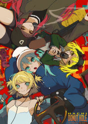 4girls absurdres aiming aiming_at_viewer alternate_hairstyle aqua_eyes aqua_hair bare_shoulders baseball_cap black_choker black_hat black_shirt black_shorts blonde_hair blue_eyes blue_hair blue_jacket blunt_bangs bright_pupils bucket_hat choker creature donut_hole_(vocaloid) earrings goggles goggles_on_head green_eyes green_hair green_jacket gumi gun hair_between_eyes hair_ornament handgun hat hatsune_miku highres holding holding_gun holding_weapon jacket jewelry kagamine_rin long_hair looking_at_viewer lying megurine_luka multiple_girls necklace off_shoulder on_back open_mouth pearl_necklace pink_hair shirt short_hair shorts shotgun sleeves_past_fingers sleeves_past_wrists smile smoking soregashi_nk spaghetti_strap twintails vocaloid weapon white_hat white_pupils white_shirt yellow_nails