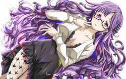 Rule 34 | 10s, 1girl, bad id, bad pixiv id, breasts, cleavage, dress, fantasista doll, glasses, hand on own face, highres, large breasts, long hair, looking at viewer, madeleine (fantasista doll), multicolored hair, open mouth, pantyhose, purple eyes, purple hair, rika (kakera), solo, very long hair, white background
