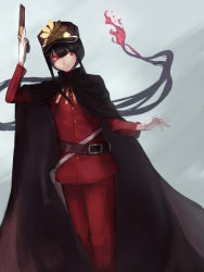 Rule 34 | 1boy, absurdres, aito, black hair, cape, closed mouth, fate/grand order, fate (series), gloves, hat, highres, long hair, male focus, military, military hat, military uniform, oda nobukatsu (fate), red eyes, simple background, smile, solo, uniform