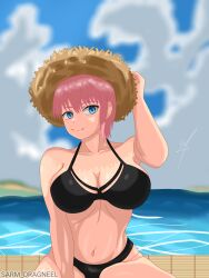 Rule 34 | 1girl, absurdres, arm at side, arm up, bare shoulders, beach, bikini, blue eyes, blush, breasts, cleavage, collarbone, curvy, day, go-toubun no hanayome, hair between eyes, hat, highres, large breasts, looking at viewer, nakano ichika, navel, non-web source, ocean, outdoors, pink hair, sarmdragneel, self-upload, short hair, sitting, solo, stomach, straw hat, swimsuit
