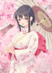 Rule 34 | 1girl, alternate costume, black hair, breasts, cherry blossoms, floral print, hair between eyes, highres, japanese clothes, kantai collection, kimono, large breasts, long sleeves, looking at viewer, obi, oil-paper umbrella, open mouth, osashimisan, petals, pink kimono, red eyes, sash, short hair, smile, solo, takao (kancolle), tree, umbrella, wide sleeves