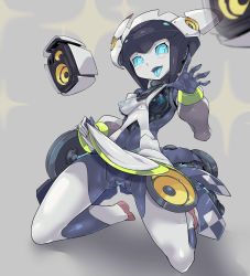 Rule 34 | 1girl, android, bad id, bad pixiv id, black hair, blouse, blue eyes, blush stickers, bottomless, breasts, censored, clothes lift, dia (world flipper), dress, dress lift, female focus, grey background, joints, kneeling, nipples, no panties, pochincoff, pussy, robot joints, shirt, simple background, sleeveless, sleeveless shirt, solo, speaker, tongue, tongue out, see-through body, world flipper