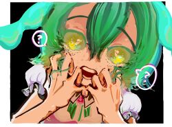 Rule 34 | 1girl, ?, black background, border, brooch, collared shirt, commentary request, crying, crying with eyes open, dutch angle, edamame, green hair, green ribbon, hand to own mouth, hands up, highres, jewelry, looking at viewer, no pupils, open mouth, outside border, puchu, puffy short sleeves, puffy sleeves, raised eyebrows, ribbon, shadow, shirt, short sleeves, solo, spoken question mark, sweat, tears, upper body, voicevox, white border, white shirt, yellow eyes, zundamon