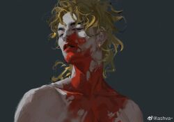 Rule 34 | 1boy, ashva, blonde hair, blood, blood on face, blood splatter, collarbone, commentary request, dio brando, highres, jewelry, jojo no kimyou na bouken, long hair, male focus, nude, one eye closed, parted lips, simple background, solo, stardust crusaders, upper body, vampire