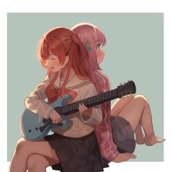 Rule 34 | 2girls, arm support, back-to-back, barefoot, blue eyes, blush, bocchi the rock!, border, bow, bowtie, closed eyes, closed mouth, commentary request, cowboy shot, crossed legs, cube hair ornament, electric guitar, gotoh hitori, green background, grey skirt, guitar, hair between eyes, hair ornament, instrument, jacket, kita ikuyo, long hair, long sleeves, milktea (gggrrr2000), multiple girls, music, one side up, open mouth, pink hair, pink jacket, playing instrument, pleated skirt, red bow, red bowtie, red hair, sailor collar, school uniform, serafuku, shuka high school uniform, sidelocks, skirt, white border, yellow sailor collar, yellow serafuku, yuri