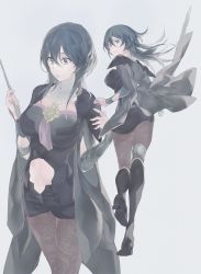Rule 34 | absurdres, armlet, armor, ass, black shorts, blue eyes, blue hair, boots, breasts, brown pantyhose, byleth (female) (fire emblem), byleth (fire emblem), cape, cleavage, cleavage cutout, clothing cutout, fire emblem, fire emblem: three houses, floral print, grey shirt, hair between eyes, high heel boots, high heels, highres, lace, lace-trimmed legwear, lace trim, large breasts, pantyhose under shorts, long hair, medium breasts, navel cutout, nintendo, pantyhose, print legwear, shirt, shorts, sideboob, sokoo, tassel, teacher, turtleneck, vambraces