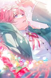 Rule 34 | 1boy, amemura ramuda, bishounen, blue eyes, blue jacket, collared shirt, food, hand up, highres, hood, hooded jacket, hypnosis mic, jacket, light particles, looking ahead, lying, male focus, minami kazuki (hanbee), on back, open clothes, open jacket, parted lips, pastel colors, pink hair, shirt, short hair, solo, sweets, tearing up, tears, upper body, white shirt