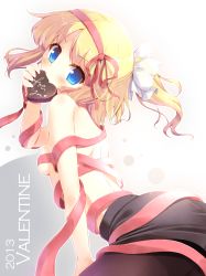 Rule 34 | 10s, 1girl, 2013, aqua eyes, black pantyhose, blonde hair, blush, bow, candy, chocolate, chocolate heart, cursive, english text, esia mariveninne, food, food in mouth, from side, hair bow, hair ribbon, hairband, half updo, heart, highres, komone ushio, looking back, mouth hold, naked ribbon, original, pantyhose, ponytail, ribbon, skirt, solo, topless, valentine