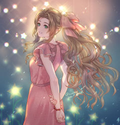 Rule 34 | 1girl, aerith gainsborough, arms behind back, bow, bracelet, dress, female focus, final fantasy, final fantasy vii, final fantasy vii remake, green eyes, hair bow, hair ornament, hair ribbon, jewelry, long hair, ohse, pink dress, pink ribbon, ponytail, ribbon, sidelocks, smile, solo, square enix, wall market, wavy hair