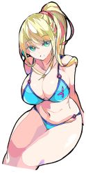 Rule 34 | 1girl, arms behind back, bikini, blonde hair, breasts, enpe, female focus, green eyes, highres, large breasts, metroid, mole, mole under mouth, nintendo, ponytail, samus aran, smile, solo, swimsuit, thick thighs, thighs