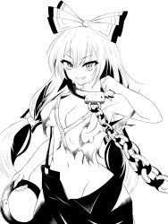 Rule 34 | 1girl, absurdres, bow, breasts, chain, cleavage, cowboy shot, cuffs, fujiwara no mokou, greyscale, grin, groin, hair bow, highres, holding, long hair, looking at viewer, monochrome, multiple bows, navel, nuekane, simple background, smile, solo, standing, torn clothes, touhou, v-shaped eyebrows