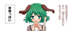 Rule 34 | 1girl, :d, animal ears, bamboo broom, blush, broom, confession, dog ears, floppy ears, green eyes, green hair, ifuji sakura, kasodani kyouko, long sleeves, looking at viewer, matching hair/eyes, open mouth, portrait, short hair, smile, solo, text focus, touhou, translation request, white background