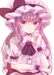 Rule 34 | 1girl, :/, alternate hair length, alternate hairstyle, arm under breasts, ascot, back bow, blush, bow, brooch, buttons, center frills, closed mouth, collared dress, dress, expressionless, flat chest, frills, hand on own chin, hand up, hat, hat bow, jaku sono, jewelry, long hair, looking at viewer, mob cap, pink dress, pink eyes, puffy short sleeves, puffy sleeves, purple ascot, purple bow, purple hair, purple sash, remilia scarlet, sash, short sleeves, simple background, slit pupils, solo, swept bangs, touhou, upper body, very long hair, white background, wrist cuffs