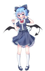 Rule 34 | 1girl, absurdres, ahoge, alternate costume, bad id, bad pixiv id, black shirt, black skirt, blue eyes, blue hair, bow, bowtie, cirno, demon tail, demon wings, fangs, full body, hanen (borry), highres, horns, looking at viewer, mary janes, matching hair/eyes, mouth pull, puffy short sleeves, puffy sleeves, red bow, red bowtie, shirt, shoes, short sleeves, simple background, skirt, socks, solo, tail, touhou, tsurime, vampire, white background, white socks, wings, wrist cuffs
