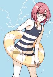 Rule 34 | 10s, 1boy, androgynous, ayamiya fumi, bad id, bad pixiv id, blue background, expressionless, eyelashes, glasses, gowther, looking at viewer, male focus, nanatsu no taizai, pink hair, short hair, solo, standing, swimsuit, tattoo