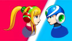 Rule 34 | 1boy, 1girl, highres, looking at another, mega man (pachislot rockman ability), mega man (series), pachislot rockman ability, ponytail, roll (pachislot rockman ability), smile
