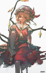Rule 34 | 1girl, absurdres, alcxome, apple, ascot, blonde hair, chain, commentary, crystal, flandre scarlet, food, foot out of frame, fruit, hand on own ankle, hat, hat ribbon, highres, knee up, looking at viewer, mary janes, medium hair, mob cap, puffy short sleeves, puffy sleeves, red eyes, red footwear, red ribbon, red skirt, red vest, ribbon, shirt, shoes, short sleeves, signature, sitting, skirt, solo, touhou, vest, white background, white hat, white shirt, wings, yellow ascot