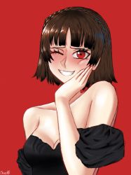 Rule 34 | 1girl, bare shoulders, black dress, blush, braid, breasts, brown hair, chaosoded, crown braid, dress, grin, hand on own face, highres, medium breasts, niijima makoto, persona, persona 5, red background, red eyes, short hair, simple background, smile, solo, strapless, strapless dress, upper body