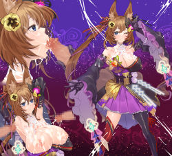 Rule 34 | 1girl, armpits, arms behind head, blue eyes, boots, breasts, brown hair, bukkake, caleen keemosn, censored, cum, cum in mouth, fellatio, flower, flower hair ornament, fox ears, fox girl, fox shadow puppet, fox tail, gradient background, hair ribbon, highres, huge breasts, idol, idol clothes, lace, lace background, long hair, looking at another, looking to the side, mosaic censoring, multiple penises, multiple tails, nipples, one eye closed, oral, penis, ribbon, runes, cum, star (symbol), star ocean, star ocean anamnesis, starry background, tac, tail, thigh boots, thighhighs, twintails, very long hair, yellow flower