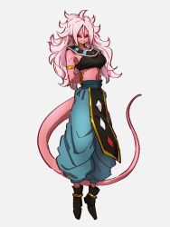 Rule 34 | 1girl, android 21, armlet, arms behind back, beerus, beerus (cosplay), black sclera, blue pants, breasts, choker, clothing request, colored sclera, colored skin, cosplay, dragon ball, dragon ball fighterz, dragon ball super, earrings, floating, full body, jewelry, kemachiku, long hair, majin android 21, messy hair, pants, pink skin, pointy ears, red eyes, solo, tail, white hair