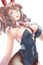 Rule 34 | 1girl, animal ears, between breasts, black leotard, blue eyes, bow, bowtie, breasts, brown hair, brown pantyhose, detached collar, hair between eyes, highleg, highleg leotard, highres, kantai collection, large breasts, leotard, looking at viewer, necktie, open mouth, pantyhose, playboy bunny, ponytail, rabbit ears, red necktie, saratoga (kancolle), side ponytail, smile, solo, strapless, strapless leotard, traditional bowtie, tsukasa (tukasa br), upper body, wrist cuffs