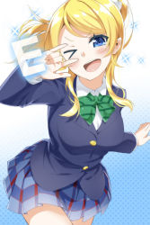 Rule 34 | &gt;;d, 10s, 1girl, ;d, ayase eli, bad id, bad pixiv id, blazer, blonde hair, blue eyes, blue skirt, bow, bowtie, green bow, green bowtie, heirou, jacket, long hair, long sleeves, looking at viewer, love live!, love live! school idol project, m/, one eye closed, open mouth, pleated skirt, ponytail, school uniform, skirt, smile, solo, sparkle, striped bow, striped bowtie, striped clothes, striped neckwear, v-shaped eyebrows