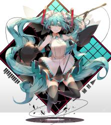 Rule 34 | 1girl, absurdres, aqua eyes, aqua hair, detached sleeves, full body, hatsune miku, highres, jumping, long hair, looking at viewer, microphone, microphone stand, necktie, saihate (d3), skirt, smile, solo, thighhighs, twintails, very long hair, vocaloid