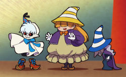 Rule 34 | 1boy, 2girls, :3, beldam, black sclera, blonde hair, blunt bangs, boots, bow, bowtie, cape, colored sclera, doopliss, dress, gloves, grey hair, grin, hair over eyes, hat, hat over eyes, long hair, long sleeves, marilyn (paper mario), mario (series), multiple girls, nintendo, open mouth, pale skin, paper mario, paper mario: the thousand year door, party hat, personification, pointy ears, purple cape, red eyes, shadow, shorts, smile, standing, star (symbol), striped clothes, striped headwear, ukata, white cape, white gloves, witch hat