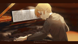 Rule 34 | 1boy, bad id, bad pixiv id, black jacket, black pants, blonde hair, blurry, blurry background, formal, hayama, highres, instrument, jacket, light particles, long sleeves, looking down, male focus, orange eyes, pants, parted lips, piano, piano keys, project sekai, sheet music, short hair, sitting, solo, stage, suit, tenma tsukasa